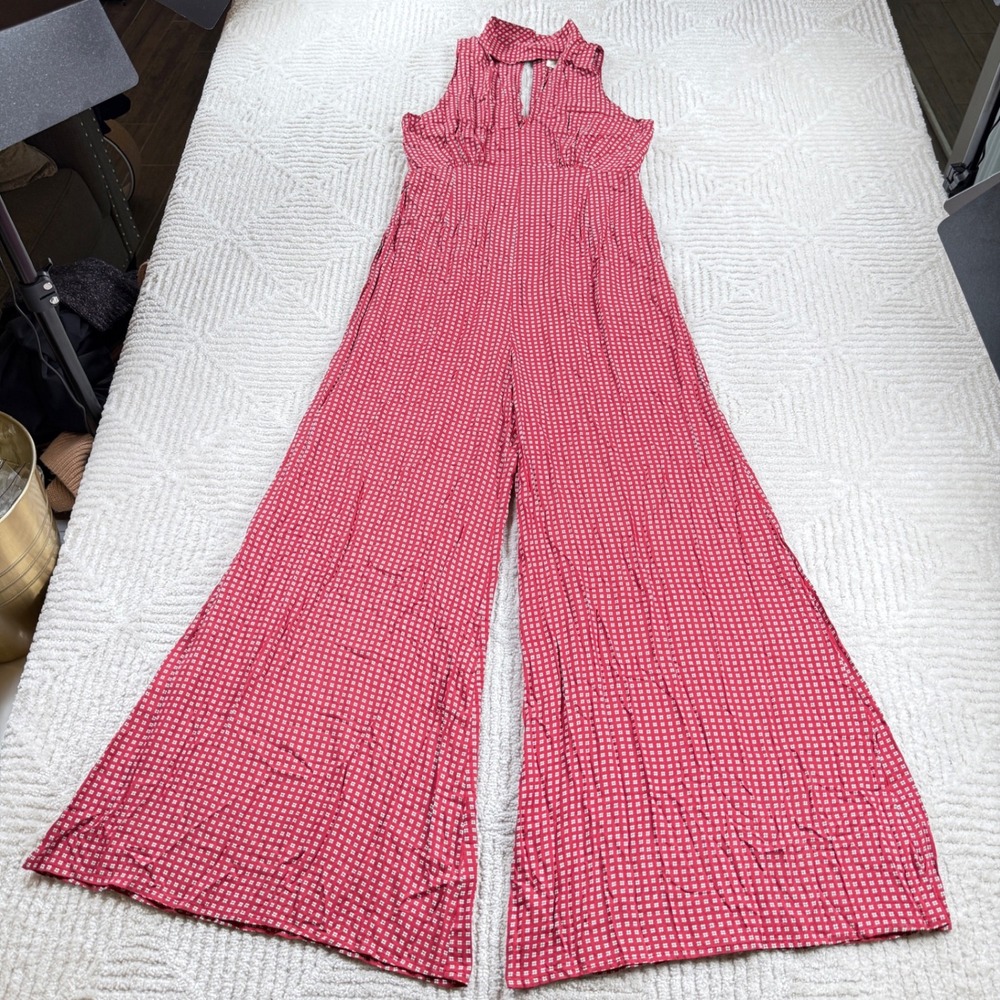 Maeve Jumpsuit Women's 6 Red Floral Geo Wide Leg High Neck Boho Anthropologie